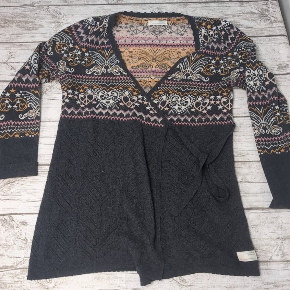 Odd Molly Gray Boho Wrap Front Long Sleeve Cardigan Wool Sweater Size 3